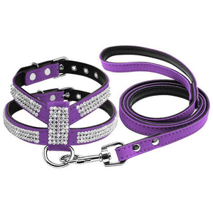 Faux Leather With Rhinestone Harness And Leash Set - Shop & Dog